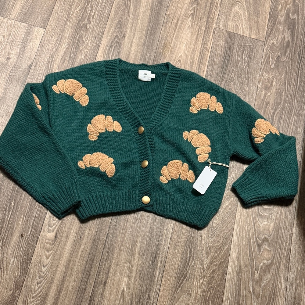 Green Croissant Patterned Sweater this sweater is so cozy , !!